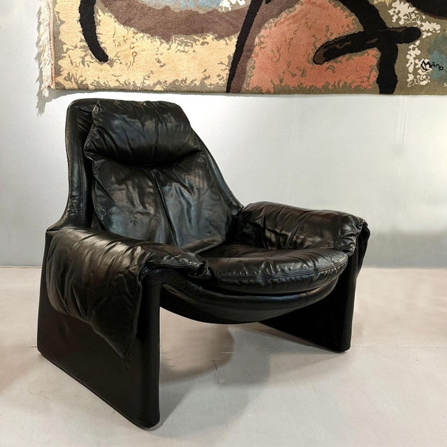 Set of P60 Lounge Chair and Ottoman in Black Leather attributed to Vittorio Introini for Saporiti, 1962 For Sale - Image 4 of 9