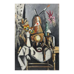 Frederick Childs - Modernist Still Life With Pansies, Vase, and Mannequin, Signed (1963, Oil on Board)