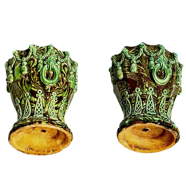 Ceramic Matched Pair Antique French Majolica Art Nouveau Terracotta Jardinieres With Rope and Tassel Design For Sale - Image 7 of 17