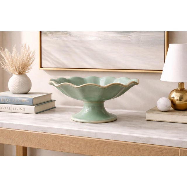 Title Vintage Mid-Century Celadon Pedestal Compote Bowl — Scalloped Console Centerpiece — WCL Studio Pottery --- Mobile-...