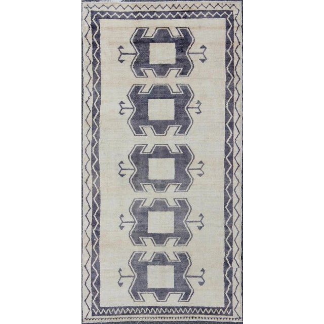 Deep Purple Blue and Cream Midcentury Turkish Tulu Rug With Tribal Design For Sale - Image 10 of 10