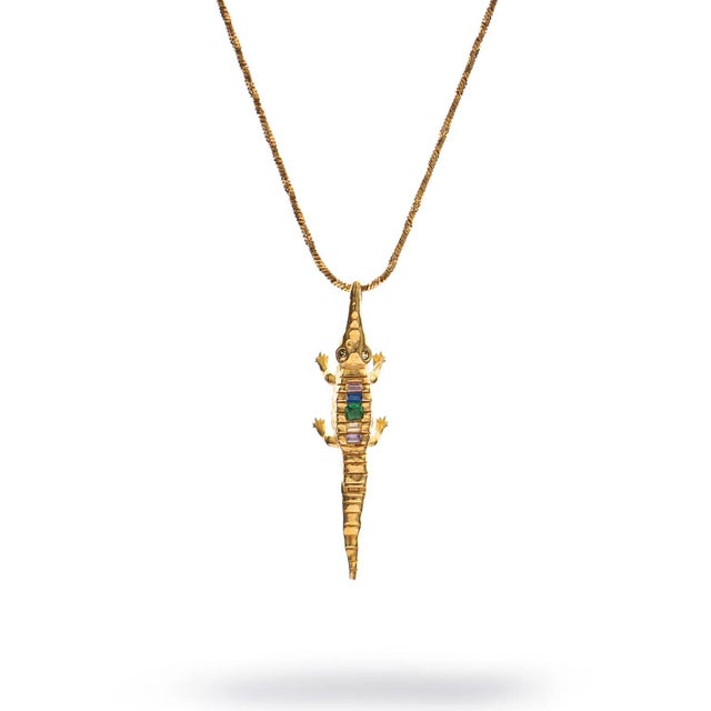 Guardian Crocodile Multicolor Crystal Gold Necklace For Sale - Image 11 of 11