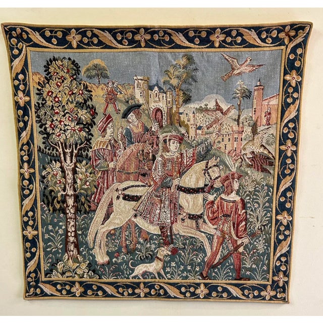 Vintage (1990s) Tapestry has a Medieval Style. Made by Gobly's in France. This Tapestry has a Falcon Hunt Theme. The...