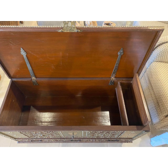 Brass Antique Arab Zanzibar Wooden and Brass Studded Coffee Cocktail Table Trunk Chest For Sale - Image 8 of 11