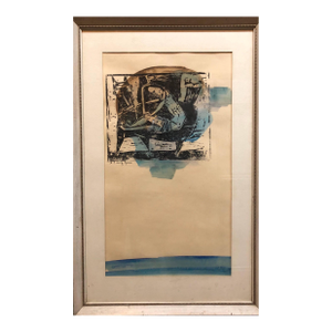 Stefan AlexanderAbstract with Figures Israeli Mid Century Modernist Woodcut Watercolor Painting