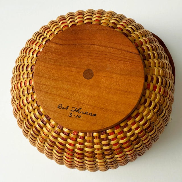 Wood Vintage Signed Nantucket Lightship Basket – Handcrafted With Bone Handle & Geometric Pattern For Sale - Image 7 of 7