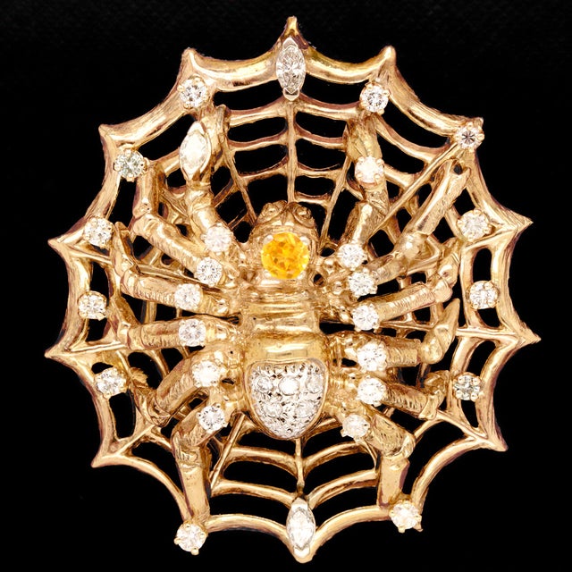 Late 20th Century Large 14k Gold, Diamond, and Yellow Sapphire Spider & Web Brooch For Sale - Image 5 of 13