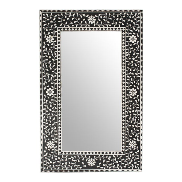 Vintage Black & White Floral Pattern Wall Mirror For Sale