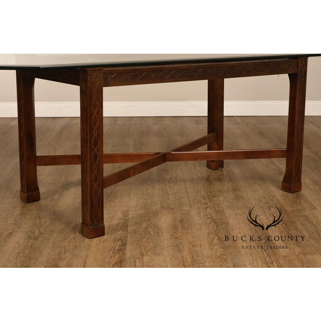 Chinese Chippendale Style Glass Top Mahogany Dining Table For Sale - Image 15 of 18