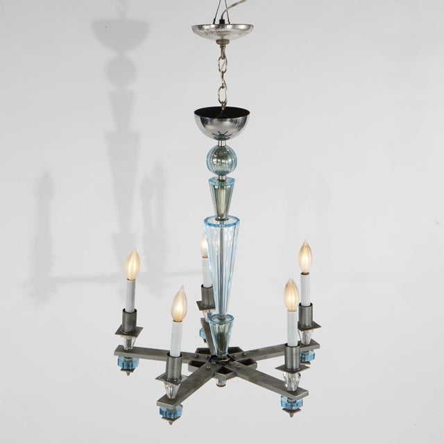 Mid 20th Century Art Deco Mid Century Modern Chrome & Aqua Blue Glass Five-Light Chandelier C1950 For Sale - Image 5 of 9