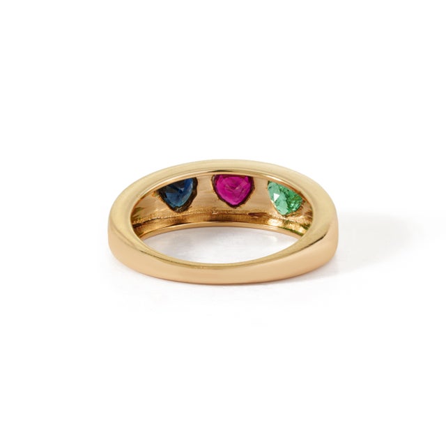 14k Yellow Gold Heart Emerald Ruby Sapphire Dome Band Gypsy-Set Ring Size 4 For Sale - Image 10 of 17