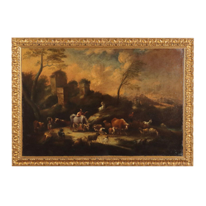 Italian School Artist, Landscape with Figures and Herds, 1700s, Oil on Canvas, Framed