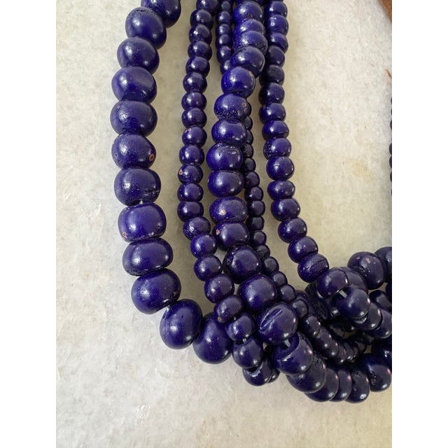 Finch, Cobalt, Blue Glass, Multi Strand, Beaded Necklace, Wood Carved Clasp For Sale - Image 4 of 4