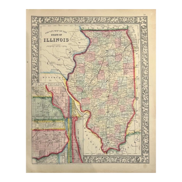 Map of Illinois With Plan of Chicago Inset by Samuel Mitchell, 1863 For Sale