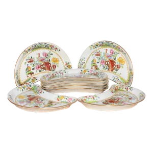 Circa 1900s Spode Copeland T. Goode & Co Flowers & Pheasant Birds Crescent Plates- Set of 9