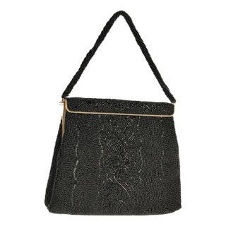 Vintage Walborg Black Glass Beaded Evening Purse For Sale