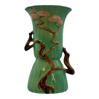 Roseville Ming Tree Large Size #585 Green, Brown & Pink Floor or Table Vase, 1949 For Sale