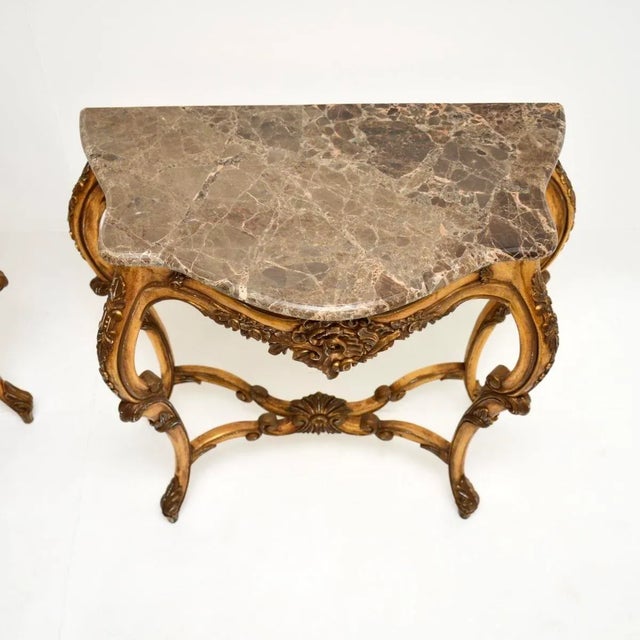 Gold Vintage French Console Tables in Gilt Wood with Marble Top, 1950, Set of 2 For Sale - Image 8 of 13