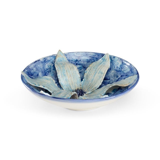 Aqua italian ceramic lily on blue ceramic centerpiece 5h x 18.5w x 18.5d