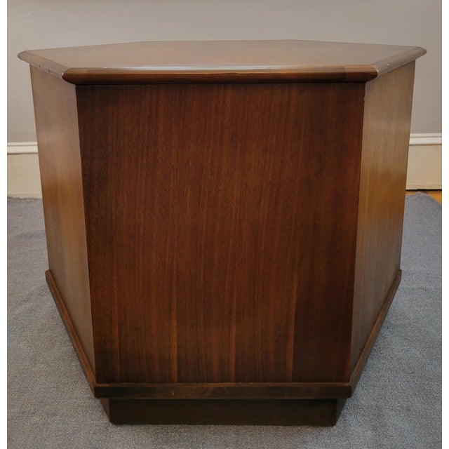 1970s Circa 1970 Mid-Century Modern Hexagonal Walnut Side Table With Large Cabinet For Sale - Image 5 of 9