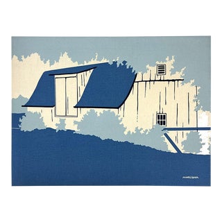 1970s Blue Barn Marushka Stretched Screenprinted Canvas Wall-Hanging Art Framed For Sale