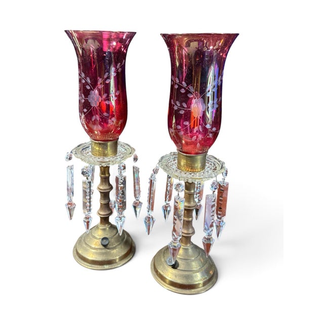 Vintage Hollywood Regency Red Glass & Crystal Prism Boudoir Lamps, Pair For Sale In Buffalo - Image 6 of 8