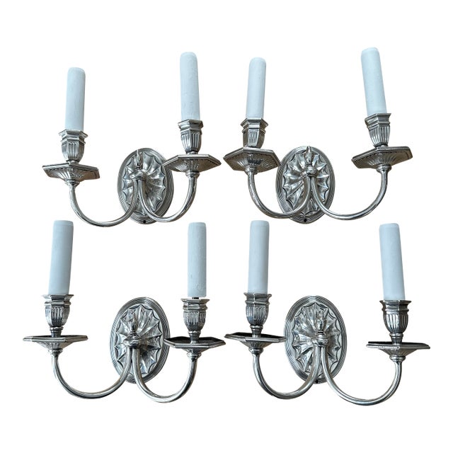 Vintage Silver Plate Two Light Caldwell Sconces - Set of Four For Sale