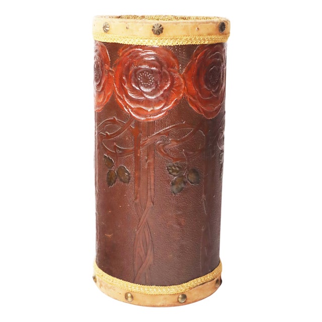 Art Nouveau Umbrella Stand Basket Embossed Leather Decorated Red Roses, 1900 For Sale