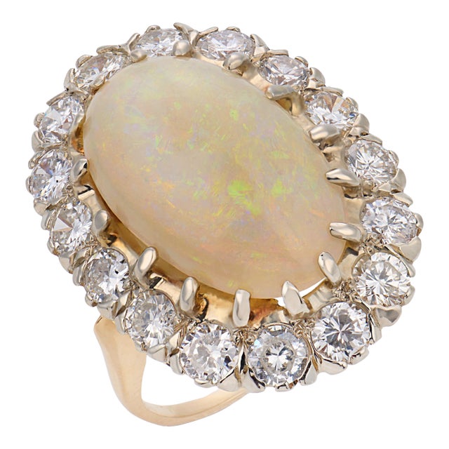 Vintage Opal Diamond 14k Yellow Gold Silver Cluster Ring, Size 6.75 For Sale