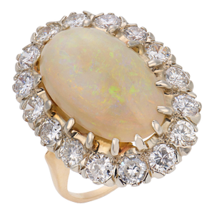 Vintage Opal Diamond 14k Yellow Gold Silver Cluster Ring, Size 6.75