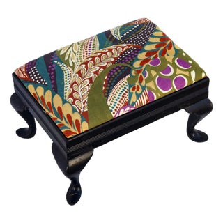 Zany Clarence House Printed Linen on Antique Ebony Footstool For Sale