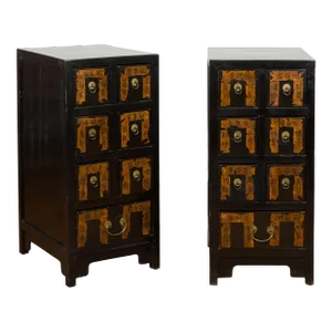Chinese Qing Dynasty Black Lacquer Apothecary Cabinets with Calligraphy - A Pair