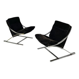 Modern Italian Chromed Steel and Velvet Zeta Armchairs by Paul Tuttle for Strassle International, 1970s, Set of 2 For Sale