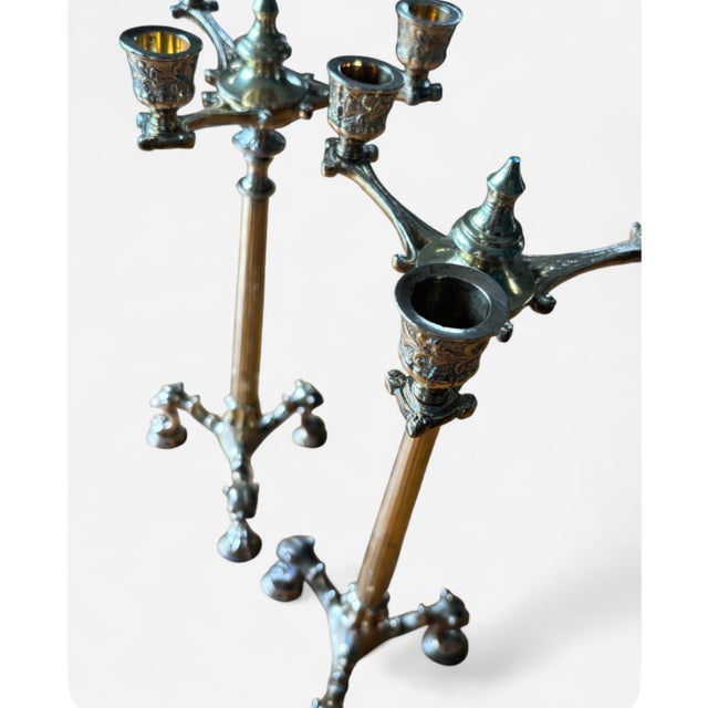 Early 20th Century Antique French Renaissance Gothic 19th Century 16” Claw Foot 3 Light Candelabras For Sale - Image 5 of 5