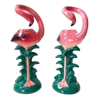 1986 Tropical Pink Flamingo Ceramic Candle Holder Pair by Five & Dime For Sale