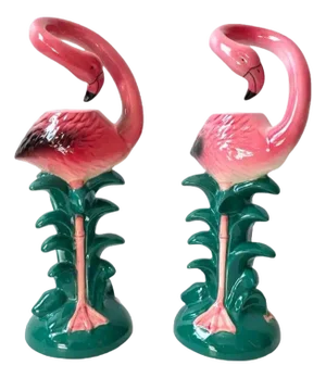 1986 Tropical Pink Flamingo Ceramic Candle Holder Pair by Five & Dime