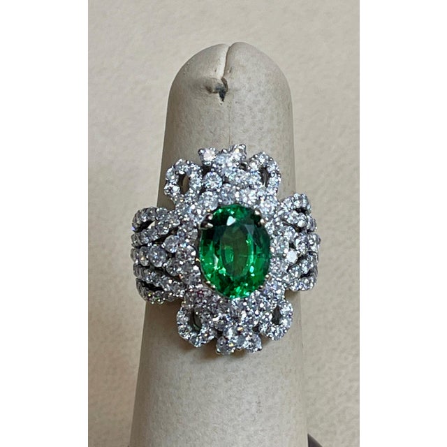 Contemporary 4 Carat Oval Tsavorite & 2.9 Carat Diamond in 18 Karat White Gold Ring Estate For Sale - Image 3 of 18