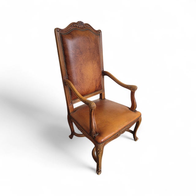 French Louis XV Style Carved Walnut and Patinated Leather Armchair, 1920s For Sale - Image 3 of 18