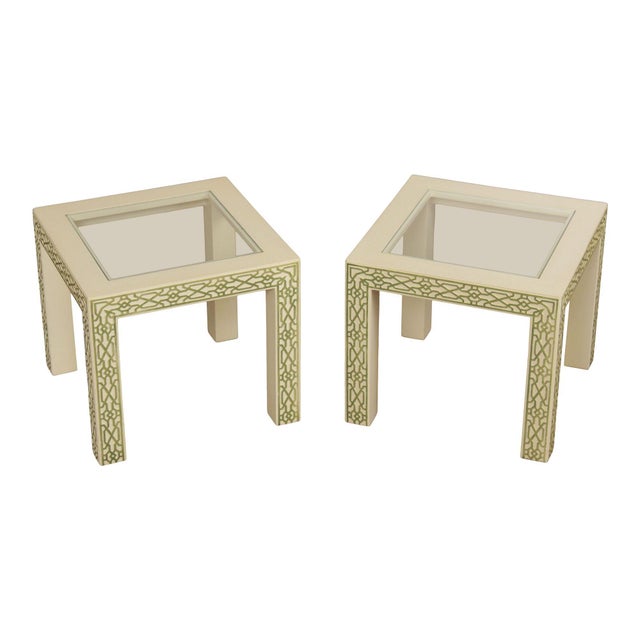Modern Hollywood Regency Pair Of Lacquered Greek Key Glass Top End Tables For Sale - Image 3 of 18