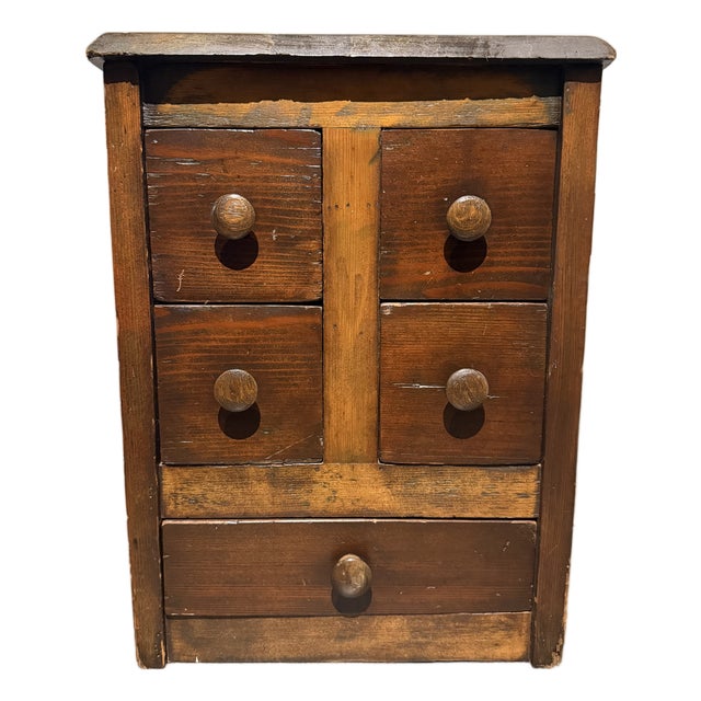 Vintage Primitive Wood Apothecary-Style Five-Drawer Cabinet For Sale