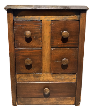 Vintage Primitive Wood Apothecary-Style Five-Drawer Cabinet