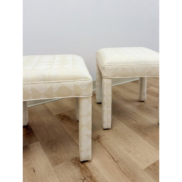 Milo Baughman Style White Parsons Upholstered Stool Pair Vintage MCM Cube For Sale - Image 10 of 11