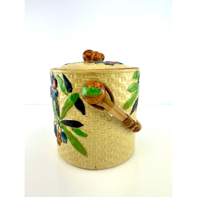 Vintage Japanese Majolica Fruit & Basket Weave Biscuit Jar With Rattan Handle For Sale - Image 11 of 13