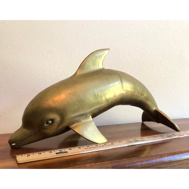 Vintage Mid-Century Solid Brass 21-Inch Leaping Dolphin Sculpture For Sale - Image 10 of 12