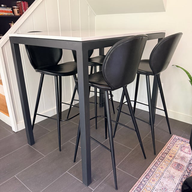 Tall Room & Board Parsons Table with 4 Leather Bar Stools A great lounge/bar set or even kitchen set. Tall quartz topped...
