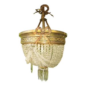 19thc French Louis XVI Dore Bronze Cut Crystal Ceiling Pendant Lighting / Chandelier