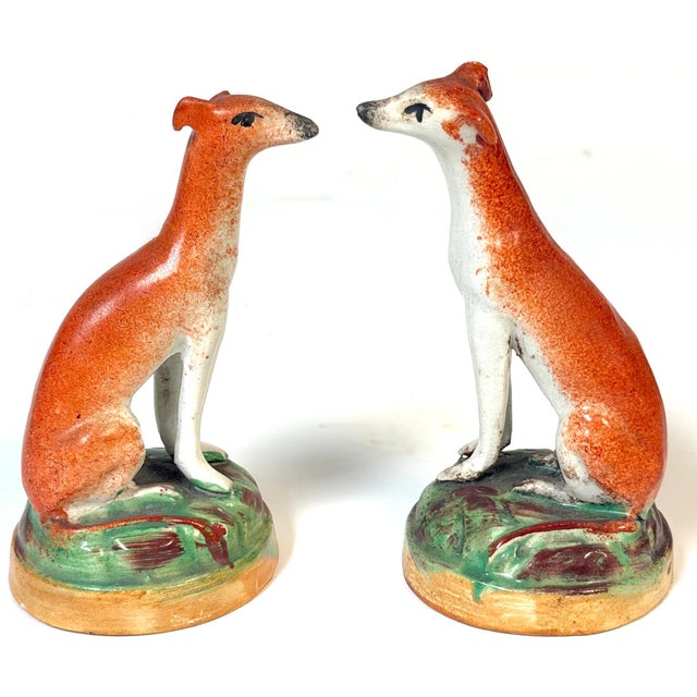 Pair of Victorian Staffordshire Pottery Seated Whippet Figures, Circa 1860 For Sale - Image 4 of 13