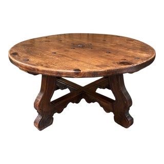 Vintage Rustic Round Wood + Metal Nailhead Coffee Table For Sale