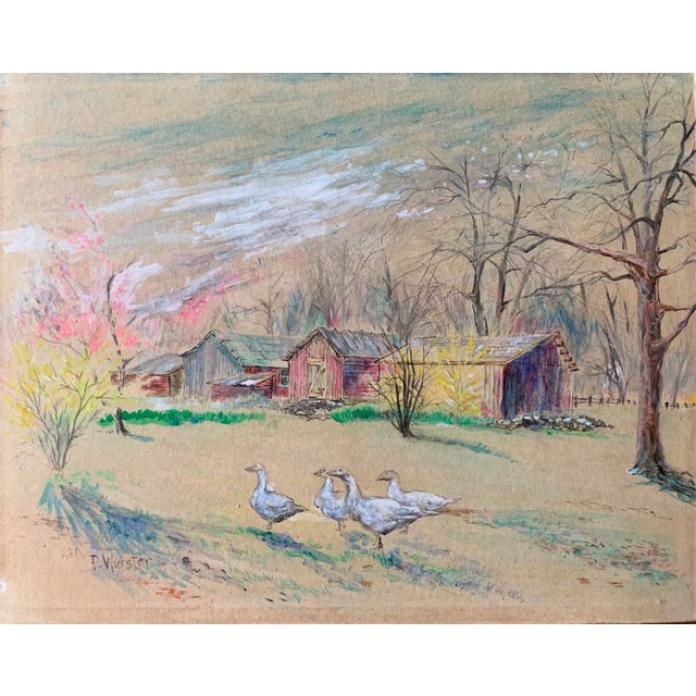 Vintage original gouache painting on illustration board depicting four geese in a rustic farm landscape. Very well done,...
