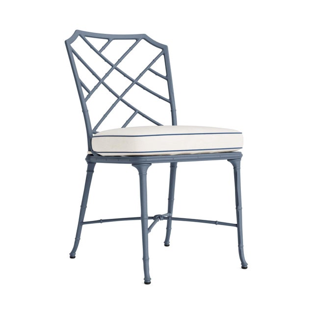 Brown Jordan Calcutta Side Chair in Sapphire with Sea Salt and Navy Welt Cushions For Sale